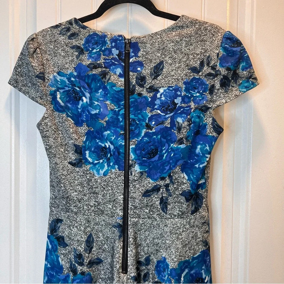 Betsey Johnson Black & White Cap Sleeved Mini Dress w/Blue Florals. Size 8. - Picture 7 of 14